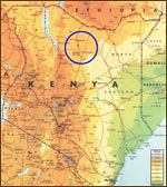 Harta Kenyei: n cercul albastru este marcat localizarea localitilor Marsabit i Maikona